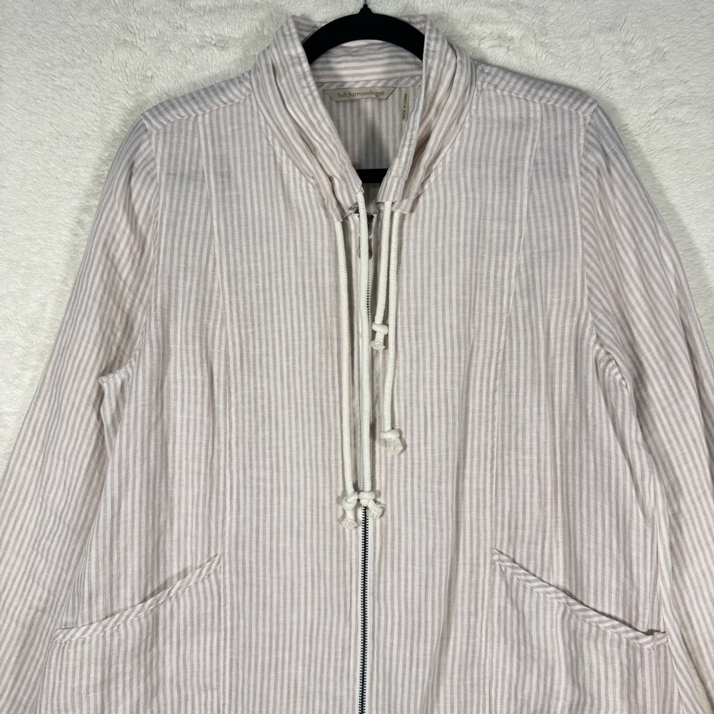 Soft Surroundings Full Zip Linen Jacket Tunic Women’s Large Beige Stripes Casual - Picture 2 of 8